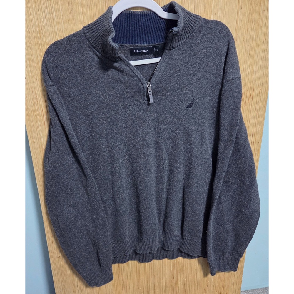 Nautica Mens XL Charcoal Gray 100% Cotton Quarter Zip Mock Neck Sweater Pullover